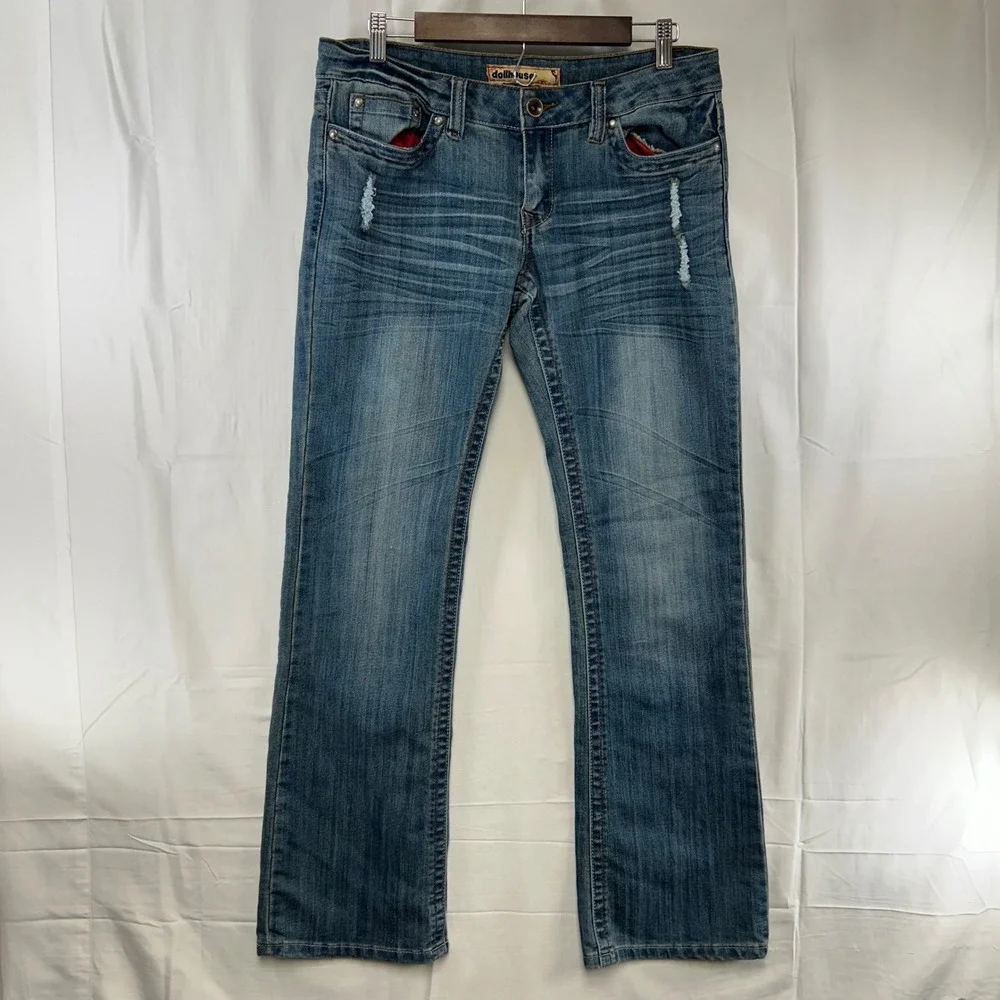 Dollhouse Jeans Womens 11 Blue Medium Wash Low Rise Distressed Bootcut Whiskered